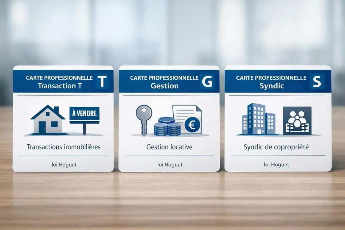 Les trois types de cartes professionnelles immobilier : carte T transaction, carte G gestion locative, carte S syndic de copropriete