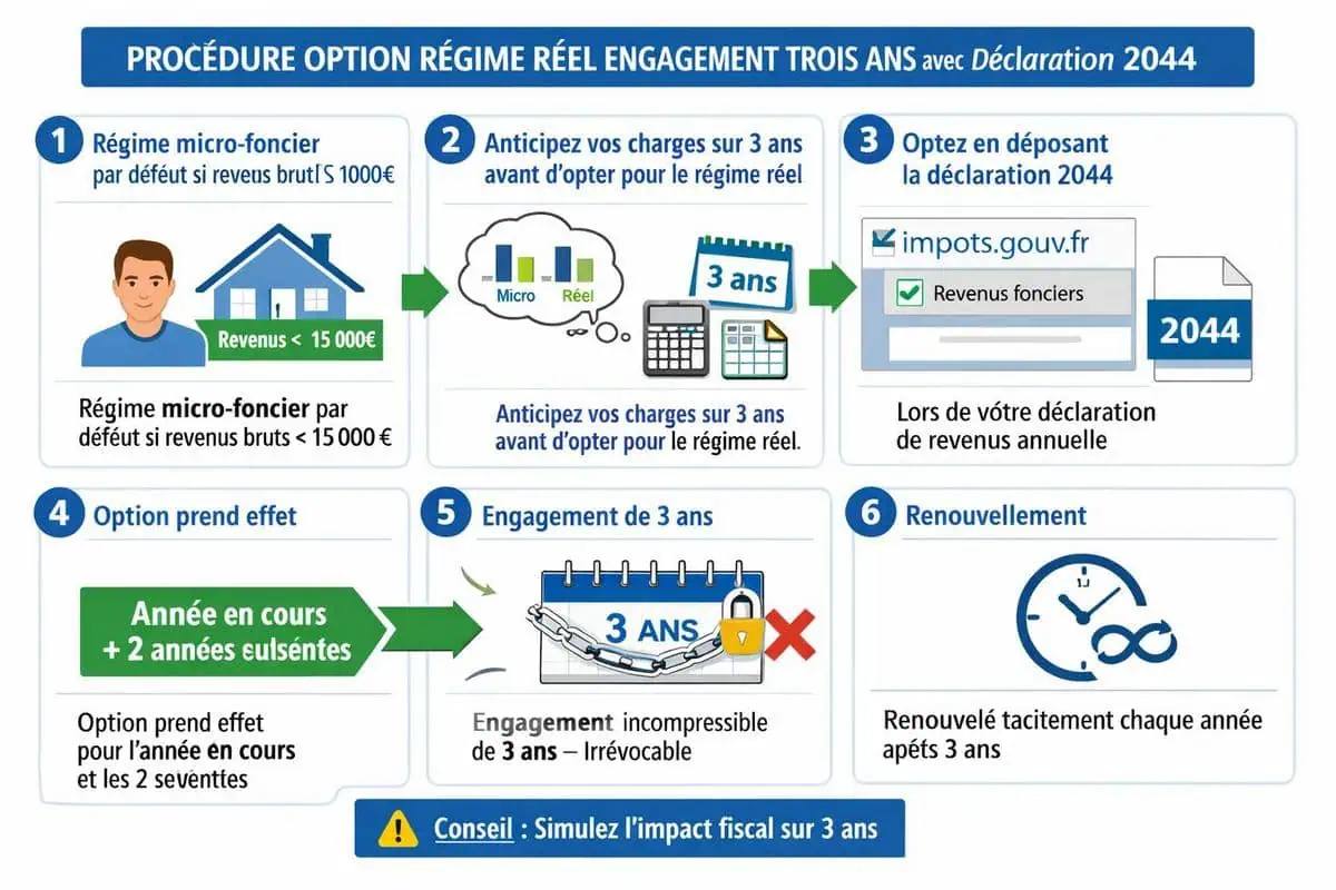 Procédure option régime réel engagement trois ans avec déclaration 2044