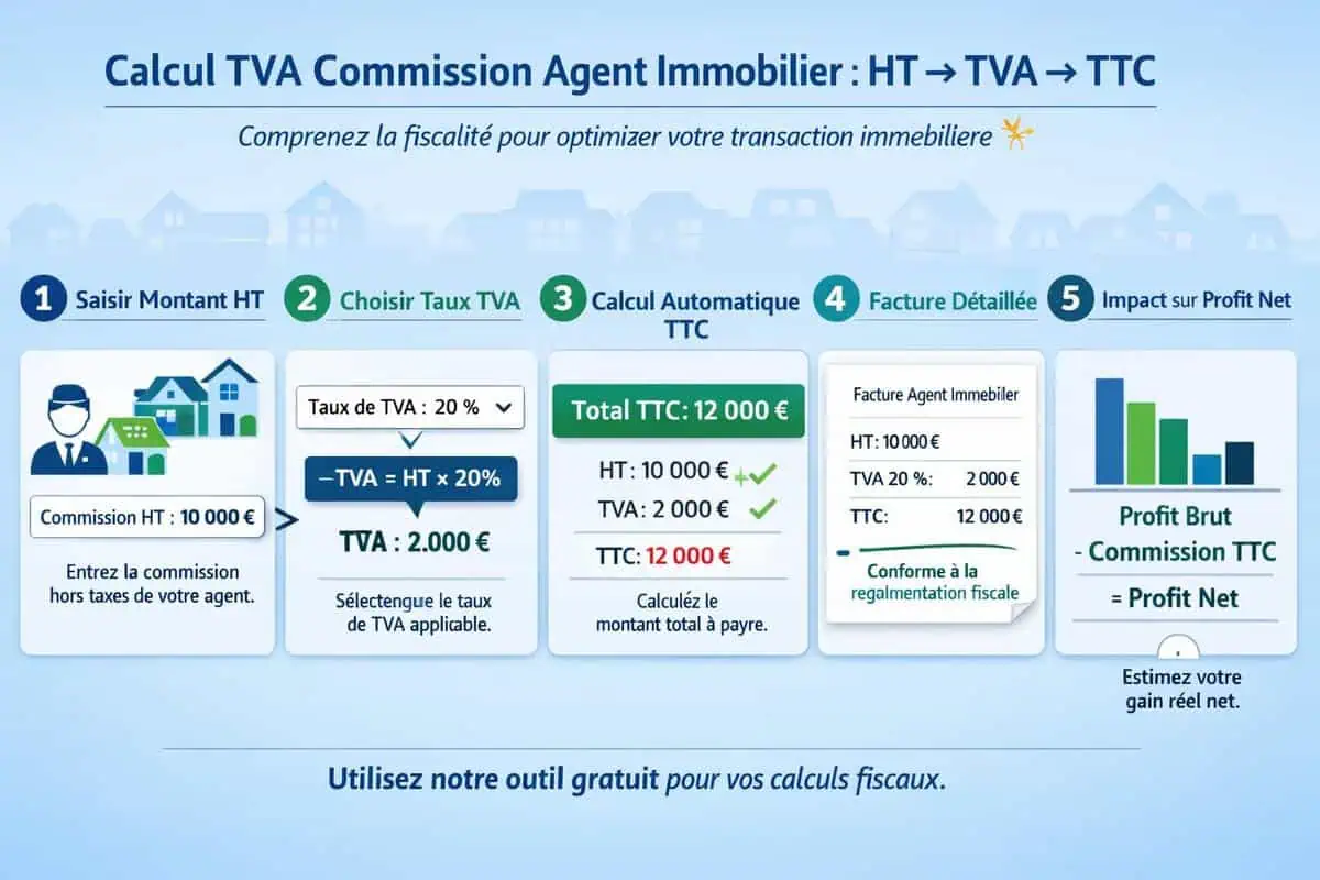 Calcul TVA commission agent immobilier montant HT et TTC fiscalité