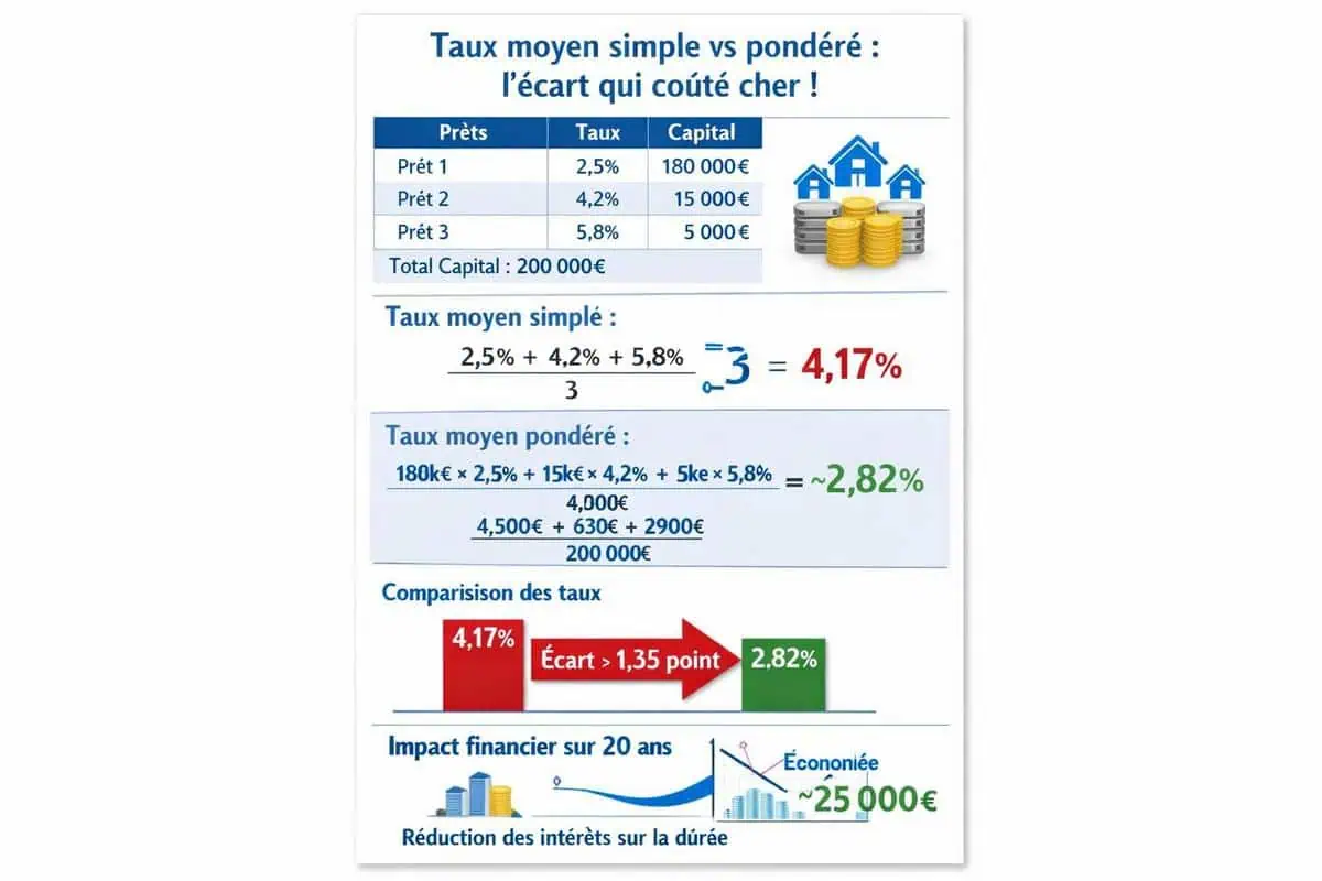Calcul taux moyen simple et taux moyen pondere comparaison prêt immobilier