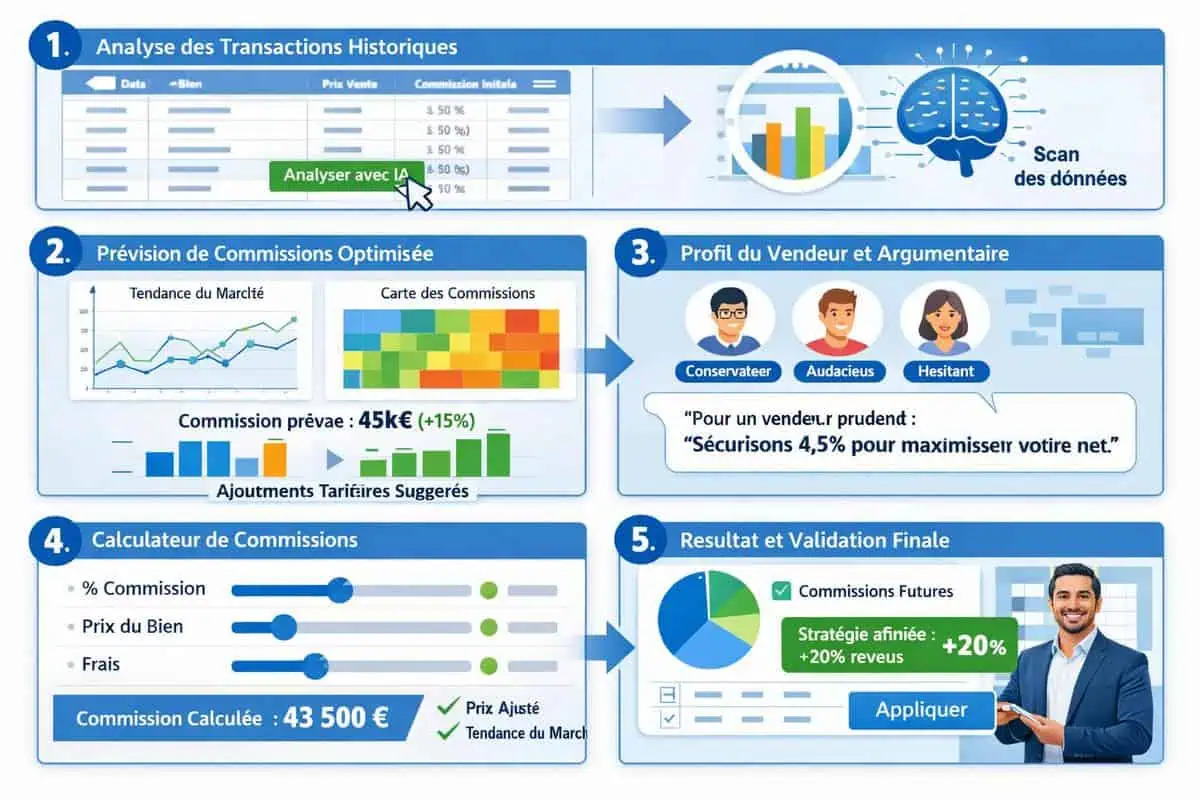 CRM immobilier avec outils calcul commission et IA pour prévision commissions agent immobilier