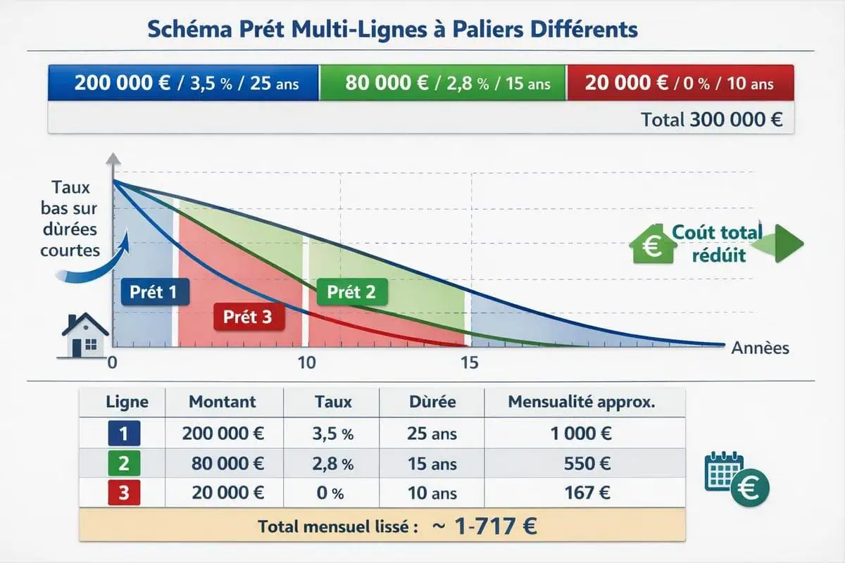 Schéma d'un prêt multi-lignes avec plusieurs lignes de prêt à paliers différents