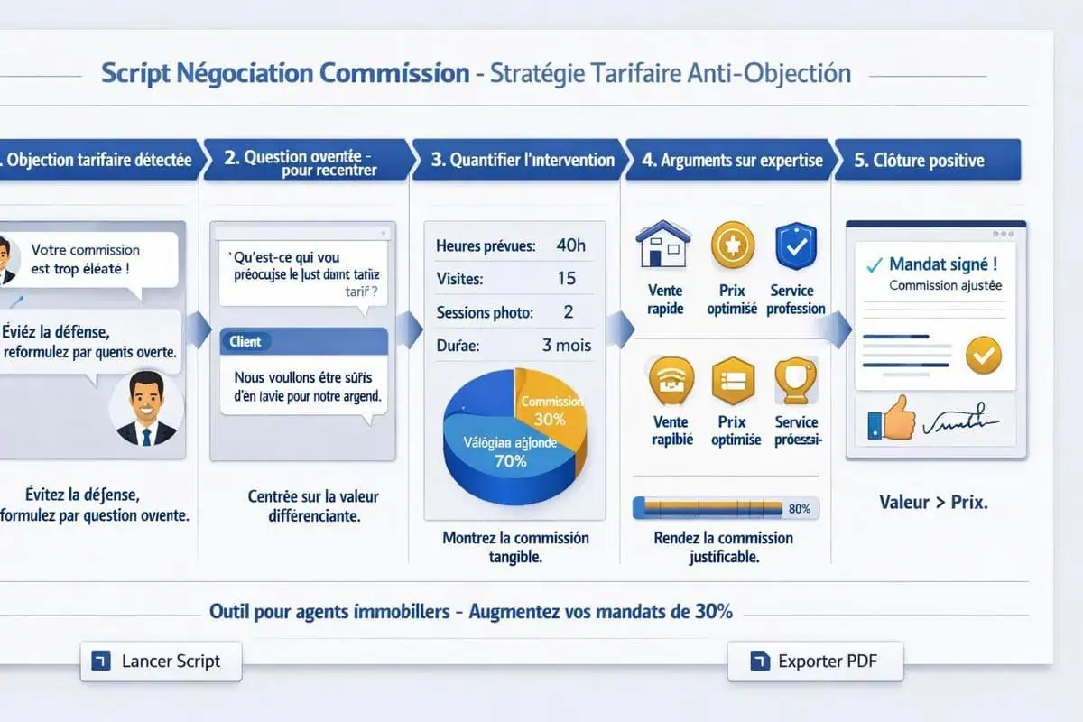 Script de négociation commission pour agent immobilier avec stratégie tarifaire