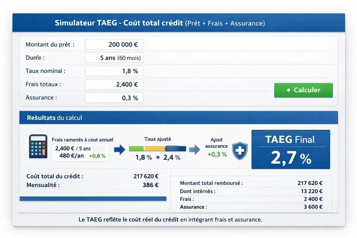 Simulateur TAEG coût total crédit 2 lignes prêt frais assurance
