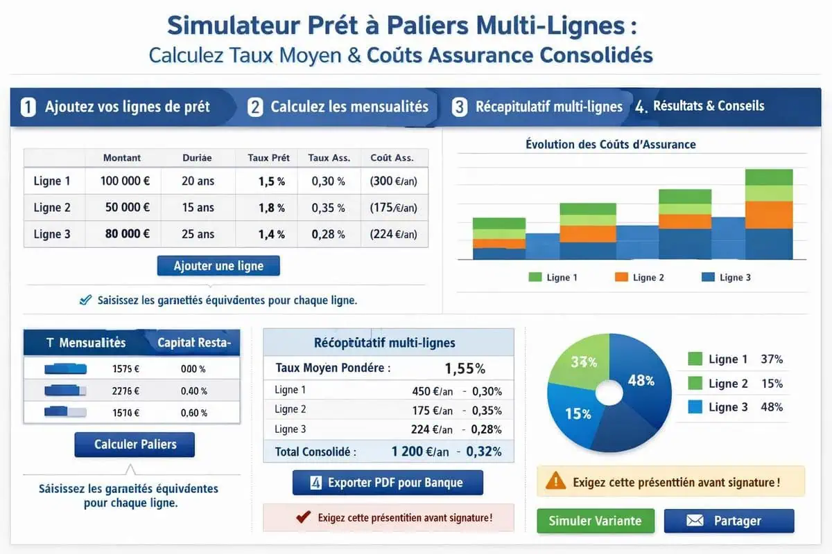 Simulateur de prêt à paliers pour calculer un taux moyen avec plusieurs lignes de prêt